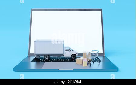 Lieferwagen, Einkaufswagen und Kartons auf Laptop isoliert auf blauem Hintergrund. Online Business Delivery Konzept. Online-Auftragsverfolgung. Global Stockfoto