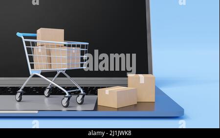 Kartons im Warenkorb auf dem Laptop-pc isoliert auf blauem Hintergrund. E-Shopping-Konzept. ECommerce Online Paketzustellung. 3D Rendern. Stockfoto