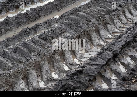 Spuren von Reifen im Schlamm, ländliche schlammige Straße Detail, weniger gereist Stockfoto