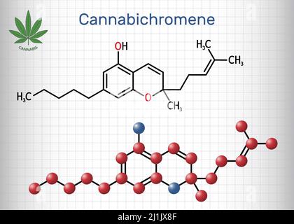 Cannabichromen, CBC-Molekül. Es handelt sich um Phytocannabinoide, die in Cannabis sativa- und Helichrysum-Arten gefunden werden. Strukturelle chemische Formel, Molekülmodell. S Stock Vektor