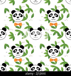 Nahtlose niedliche Panda Gesicht trägt Fliege mit grünen Bambusblättern, Haustier Tier im Cartoon-Stil. Witziges Baby-Kindermotiv. Vektordarstellung isoliert Stock Vektor