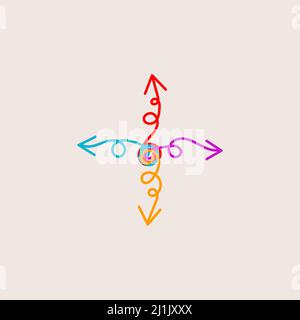 Vier Pfeile zeigen in verschiedene Richtungen. Konfliktkonzept. Multitasking-Zeichen Stock Vektor