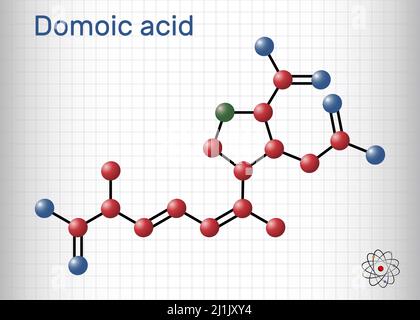 Domoinsäure, da-Neurotoxin-Molekül. Es ist analog zu Kainsäure, die durch die zweiatomige Algenpseudo-Nitzschia produziert wird. Molekülmodell. Blatt Papier in Stock Vektor