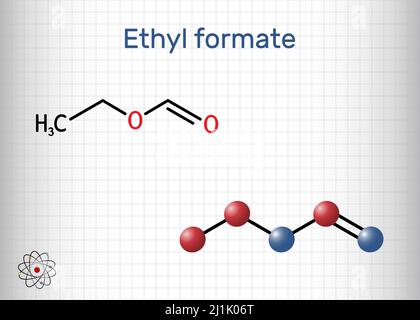 Ethylformiat, Ethylformiat, Ethylmethanoat, Ameisensähermolekül. Es ist Formiatester, der aus Ameisensäure und Ethanol gewonnen wird. Strukturelle Chemikalie f Stock Vektor