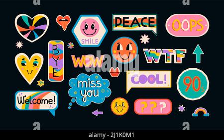 Vintage Illustration Pop Color Style Flat Design 90s Sticker. Coole trendige Retro-Aufkleber mit lächelnden Gesichtern, Comic-Label-Patches Stock Vektor