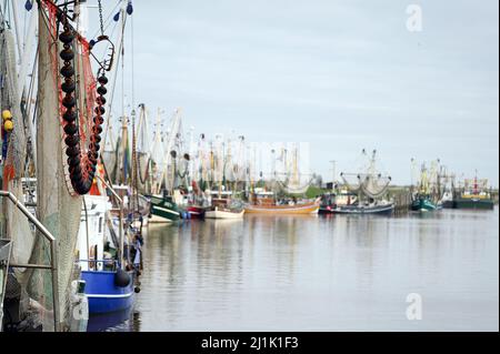 Greetsiel, Deutschland. 26. März 2022. Der Hafen ist voller Schneider. Aufgrund der enormen Preiserhöhung für Schiffsdiesel sind Fangfahrten auf der Nord- und Ostsee für Fischer derzeit nicht lohnenswert. Die Kutter bleiben oft in den Häfen. Quelle: Lars Klemmer/dpa/Alamy Live News Stockfoto