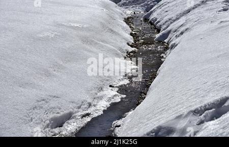 Ein kleiner Bach öffnet sich im Schnee, um sein Wasser flussabwärts zu tragen Stockfoto