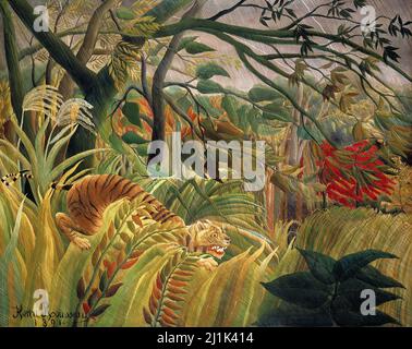 Henri Rousseau's Tiger in a Tropical Storm (1891) berühmtes Gemälde. Stockfoto