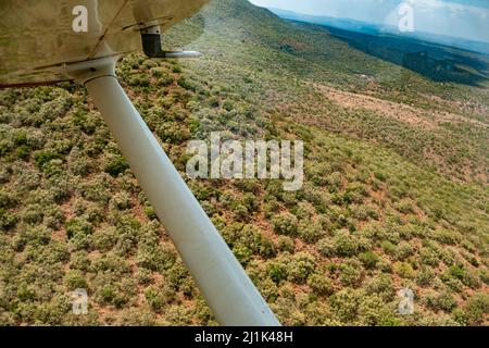 Blick auf die trockene Landschaft des Great Rift Valley während der Trockenzeit vom Fenster eines kleinen Sportflugzeugs, das über die kenianische Savanne fliegt Stockfoto
