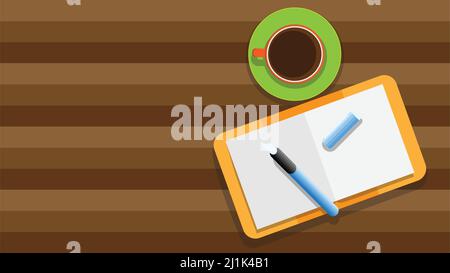 Draufsicht auf Holztisch mit offenem leerem Notizbuch, Stift und Kaffeetasse. vektorgrafik Stock Vektor