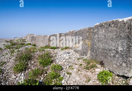 Eine Reihe von großen Panzerabwehrbetonblöcken auf der Rückseite des Aberthaw Beach, oder Limpert Bay, die darauf abzielten, deutsche Landungen während des Weltkrieges 2 zu verhindern. Stockfoto