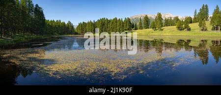 See Lac de Roue im Sommer im regionalen Naturpark Queyras (Panorama). Arvieux in den Hautes-Alpes (Französische Alpen). Frankreich Stockfoto