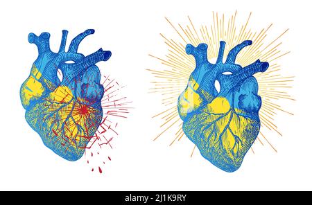 Save Ukraine, STOP war Concept Banner Design realistisches Herz in National Ukrainian Flagge Farbe mit gebrochener Glasstruktur und Blutstropfen. Sonne als Simbol Stock Vektor
