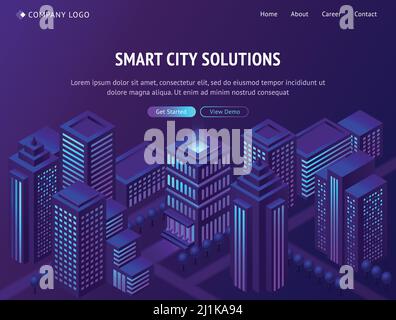 Smart City Solutions isometrische Landing Page, futuristische Metropolstadt mit neon leuchtenden Wolkenkratzern, smartcity futuristische Gebäude, Straßen auf purp Stock Vektor