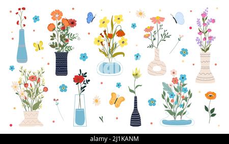 Sammlung von blühenden Blumen in Vasen und Flaschen isoliert auf weißem Hintergrund. Set mit dekorativen floralen Designelementen. Flacher Cartoon-Vektor Stock Vektor