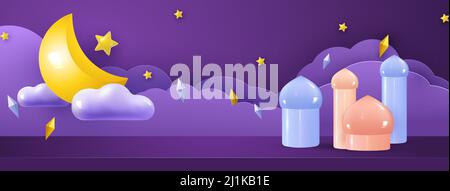 Ramadan Kareem Urlaubsdesign. Halbmond-Hintergrund mit Stern, Arabesken und Wolken. Bühnenstudio für Werbeartikel. Festliches Banner Stock Vektor