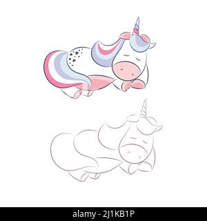 Niedliches schlafend Einhorn auf weißem Hintergrund. Vektor-Illustration von lustigen Tieren isoliert. Schöne Karte für Mädchen Stock Vektor