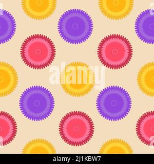 Runde gelb-lila Blume nahtloses Muster. Design für Stoff, Textil, Geschenkpapier, Tapete, Hintergrund Stockfoto