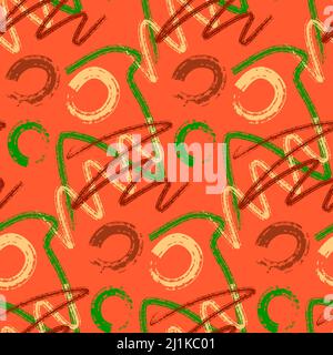 Abstraktes Nahtloses Muster, grün-rot-orangefarbener Farbfleck. Design für Stoff, Geschenkpapier, Textil, Graffiti Hintergrund Stockfoto