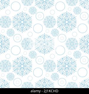 Schneereiche weihnachtliche nahtlose Muster, blauer Schneeflockenkreis auf weißem Hintergrund Stockfoto