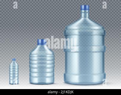 Plastikflaschen, klein und groß für Wasserkühler. Vektor realistische Mockup von blauen Kunststoffverpackungen für Trinkwasser isoliert auf transparentem Backgrou Stock Vektor