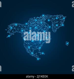Nordamerika-Karte mit polygonalen leuchtenden Formen. Weltkarte linearer Kontinent mit Lichtpunkten. Stock Vektor
