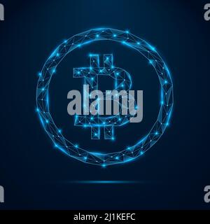 Bitcoin-Symbol mit polygonalen blau leuchtenden Formen. Krypto Währung shinning Zeichen. Stock Vektor