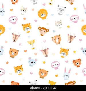 Cute animals heads seamless pattern background. Vector child illustration. Stock Vektor