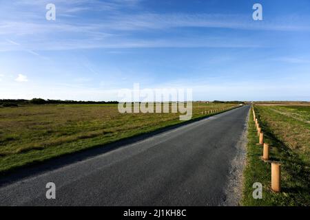 Leere Straße, die zum Strand führt. Blauer Himmel für den Kopierbereich. Frankreich Bretagne. Stockfoto
