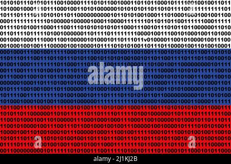 Hacker Russland. Digitale russische Flagge und ein binäres Cybersicherheitskonzept mit 0 und 1. Computerhacker Russland. Dreifarbiger Hintergrund. Stockfoto