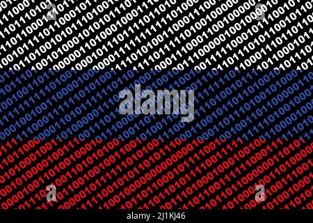 Hacker Russland. Digitale russische Flagge und ein binäres Cybersicherheitskonzept mit 0 und 1. Computerhacker Russland. Dreifarbiger Hintergrund. Stockfoto