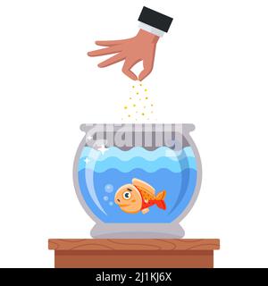 Ein Heim-Aquarium mit einem Fisch steht auf dem Tisch. Eine Person füttert Fische mit Spezialfutter. Flache Vektorgrafik. Stock Vektor