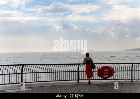 Eine Frau steht und blickt auf die Freiheitsstatue im Battery Park NYC Stockfoto