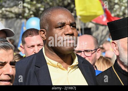 London, Großbritannien. David Lammy, Abgeordneter. London steht mit der Ukraine. Großbritannien mit der Ukraine marschieren und rallyl von der Park Lane zum Trafalgar Square. Organisiert vom Bürgermeister von London und der Europäischen Bewegung, Central London. Kredit: michael melia/Alamy Live Nachrichten Stockfoto