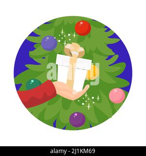 Menschliche Hand hält ein Weihnachtsgeschenk. Geschmückter weihnachtsbaum auf dem Hintergrund. Vektorgrafik. Stock Vektor