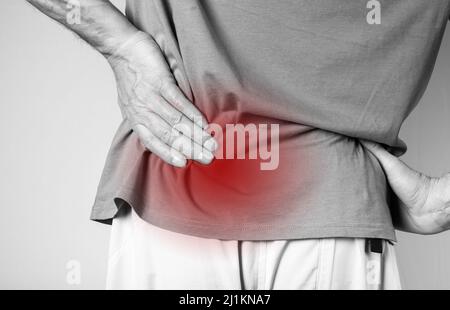 Mann, der unter Schmerzen im unteren Rücken leidet. Rückenschmerzen mit rotem Fleck Nahaufnahme. Sitzende Lebensweise, chronische Gesundheitsprobleme Konzept. Muskelkrämpfe. Hochwertige Fotos Stockfoto