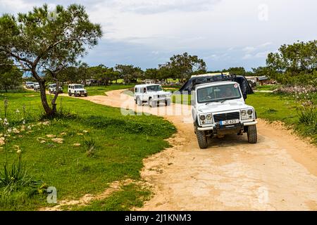 Im Dorf Akdeniz, was übersetzt Mittelmeer bedeutet, bekommt man einen Eindruck vom typischen zypriotischen Landleben. Die Dorfgemeinschaft hat Landrover gekauft, um Touristen nach Akdeniz zu bringen Stockfoto