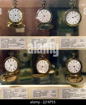 Bristol, Connecticut, USA. 25. März 2022. Das American Clock & Watch Museum, gegründet 1954, sammelt, bewahrt, zeigt und interpretiert die Geschichte und Wissenschaft von Uhren, Uhren und anderen Zeitmessern. (Foto: © Brian Cahn/ZUMA Press Wire) Stockfoto