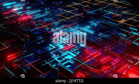 3D Stahlwürfel, Abstraktes Fliegen, fluoreszierendes Licht, leuchtende Neonwürfel, kubische Netzwerkknoten und Drähte. Low Poly Waving 3D Fantasy Background, 3D Stockfoto