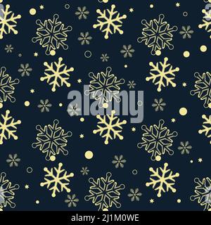 Nahtloses Muster aus Schneeflocken. Goldene Schneeflocken auf dunklem Hintergrund.Schmetterlinge designschwarzer Hintergrund eps 10 Stock Vektor