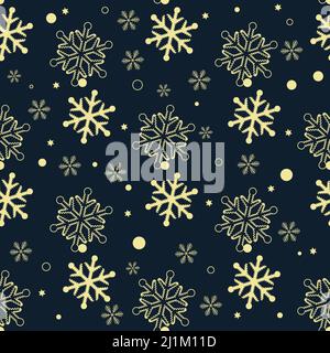 Nahtloses Muster aus Schneeflocken. Goldene Schneeflocken auf dunklem Hintergrund.Schmetterlinge designschwarzer Hintergrund eps 10 Stock Vektor