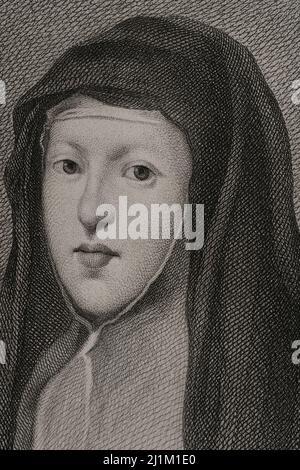 Mariana von Österreich (1634-1696). Königin Gemahlin von Spanien (1649-1665) als zweite Ehefrau von Philipp IV. Und Regent (1665-1675) als Mutter von Karl II. (1661-1700). Hochformat. Gravur von Masson. Lithographie von Magín Pujadas. Details. Historia General de España, von Modesto Lafuente. Band III Veröffentlicht in Barcelona, 1879. Stockfoto