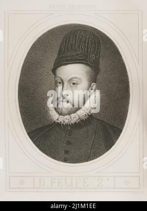 Philipp II. (1527-1598). König von Spanien (1556-1598). Sohn von Kaiser Karl V. und Isabella von Portugal. Hochformat. Gravur von Masson. Lithographie von Magín Pujadas. Historia General de España, von Modesto Lafuente. Band III Veröffentlicht in Barcelona, 1879. Stockfoto