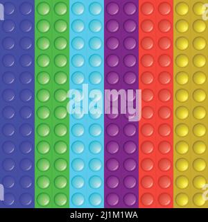 Nahtloses Muster mit trendigen Spiel Pop it, einfache Grübchen. Regenbogen-Fidget-Spielzeug. Farbenfroher Anti-Stress-Hintergrund. Doodle-Stil. Blasen knallen quadratisch Stock Vektor