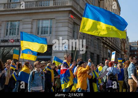 London, Großbritannien. 26. März 2022. Demonstranten halten während der Demonstration zur Unterstützung der Ukraine im Zentrum von London Flaggen fest. Kredit: SOPA Images Limited/Alamy Live Nachrichten Stockfoto