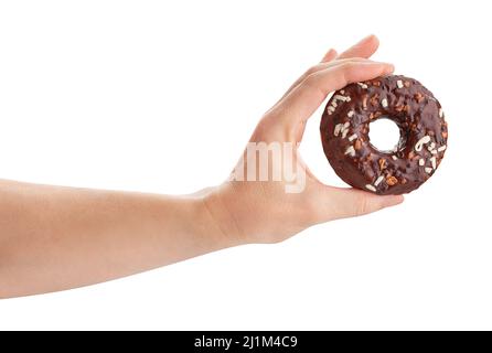 Donut im Handweg isoliert auf weiß Stockfoto