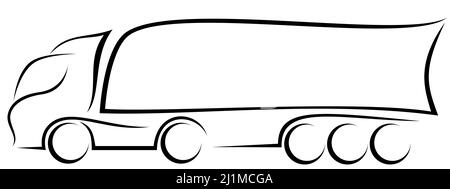 Dynamische Vektordarstellung eines europäischen Lkw mit dreiachsigen Anhängern als Logo für ein Lieferunternehmen Stockfoto