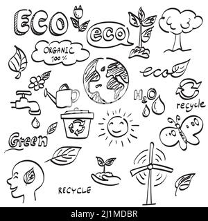 Linie Kunst Ökologie Icon Set Illustration Vektor von Hand gezeichnet isoliert auf weißem Hintergrund Stock Vektor