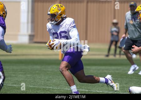 Baton Rouge, LA, USA. 26. März 2022. LSU läuft zurück Tre Bradford (26) erwartet eine Eröffnung in der ersten Woche des Frühjahrsfußballspiels in der LSU Charles McClendon Übungsanlage in Baton Rouge, LA. Jonathan Mailhes/CSM/Alamy Live News Stockfoto