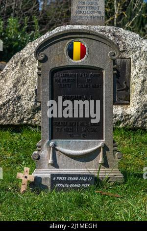 Der große Krieg oder WW1, Gräber gefallener belgischer Soldaten und Erinnerungsstücke auf dem Old Cemetery on the Common in Southampton, Hampshire, England, Großbritannien Stockfoto